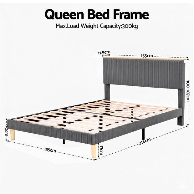 Artiss Queen Bed Frame Upholstered Adjustable Headboard Mood Lighting Heavy Duty Grey Velvet