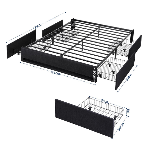 Artiss Double Bed Frame with Storage Drawers RGB Lights Charging Station Upholstered Fabric