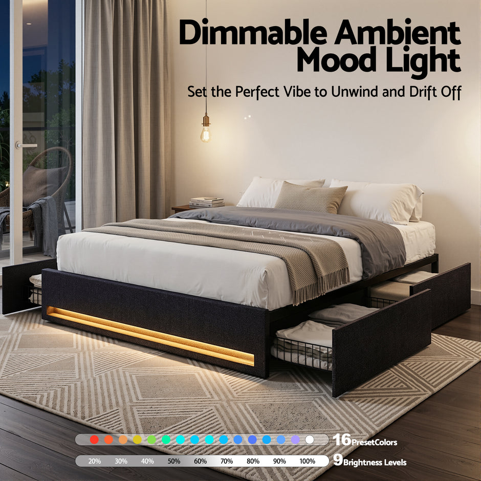 Artiss Queen Bed Frame with Storage Drawers RGB Lights Charging Station Upholstered Fabric