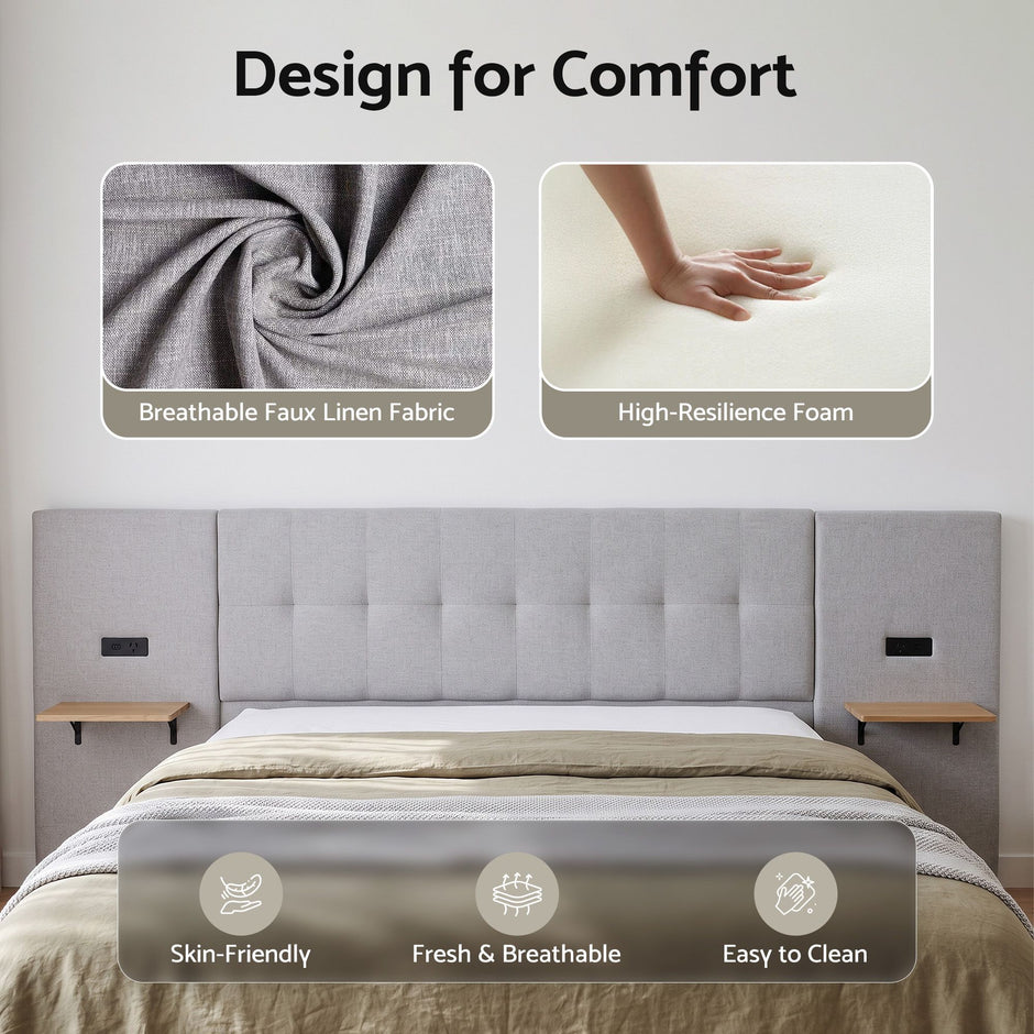 Artiss Queen Bed Frame with Wide Headboard, Floating Shelves and USB Grey