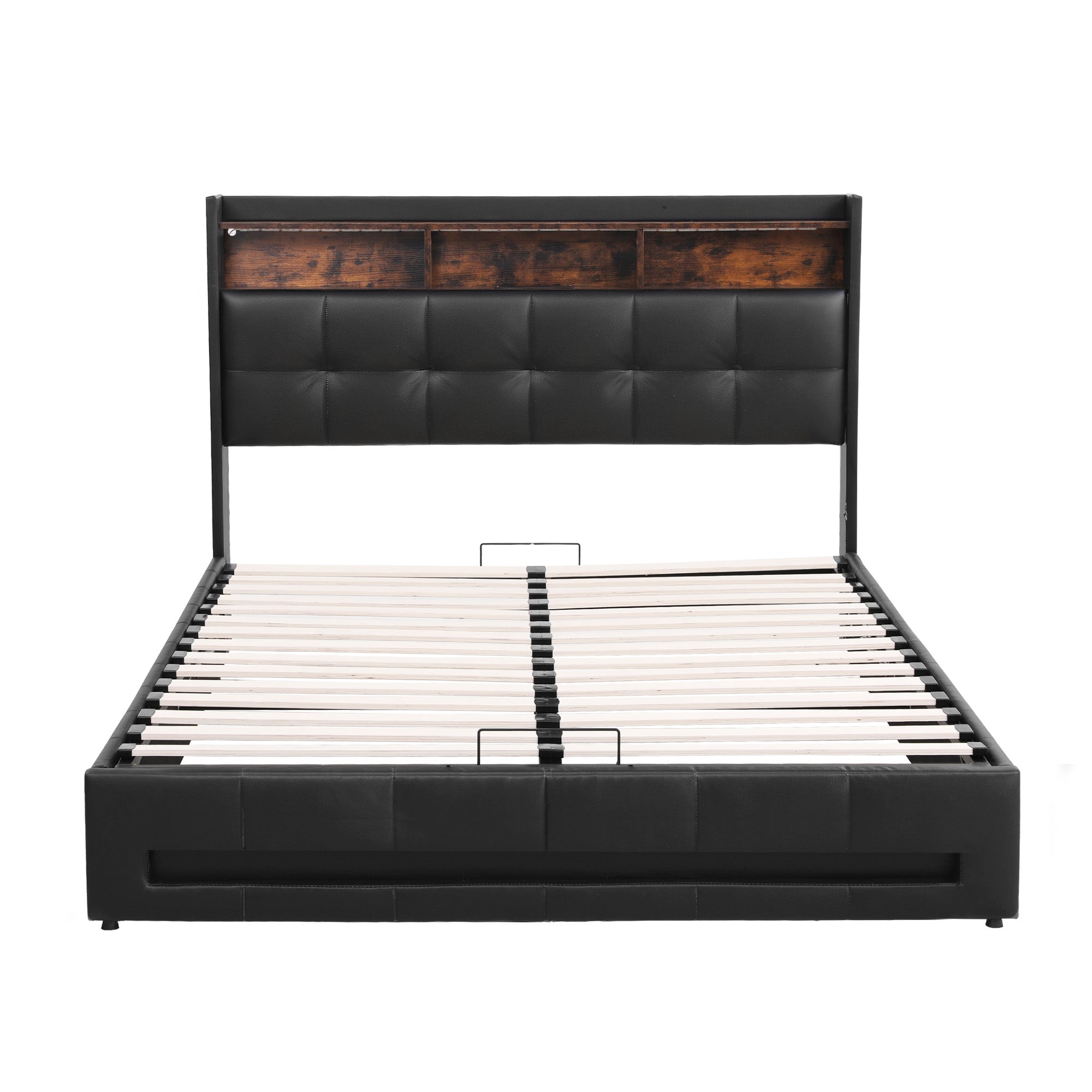 Artiss Double Bed Frame with Gas Lift Storage LED Lights Charging Station Headboard with Open Shelf