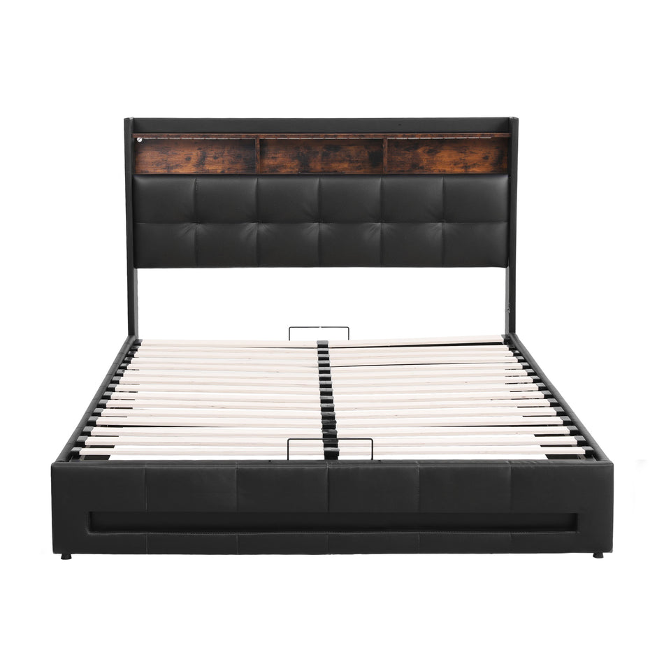 Artiss Double Bed Frame with Gas Lift Storage LED Lights Charging Station Headboard with Open Shelf