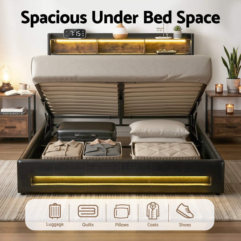 Artiss Double Bed Frame with Gas Lift Storage LED Lights Charging Station Headboard with Open Shelf
