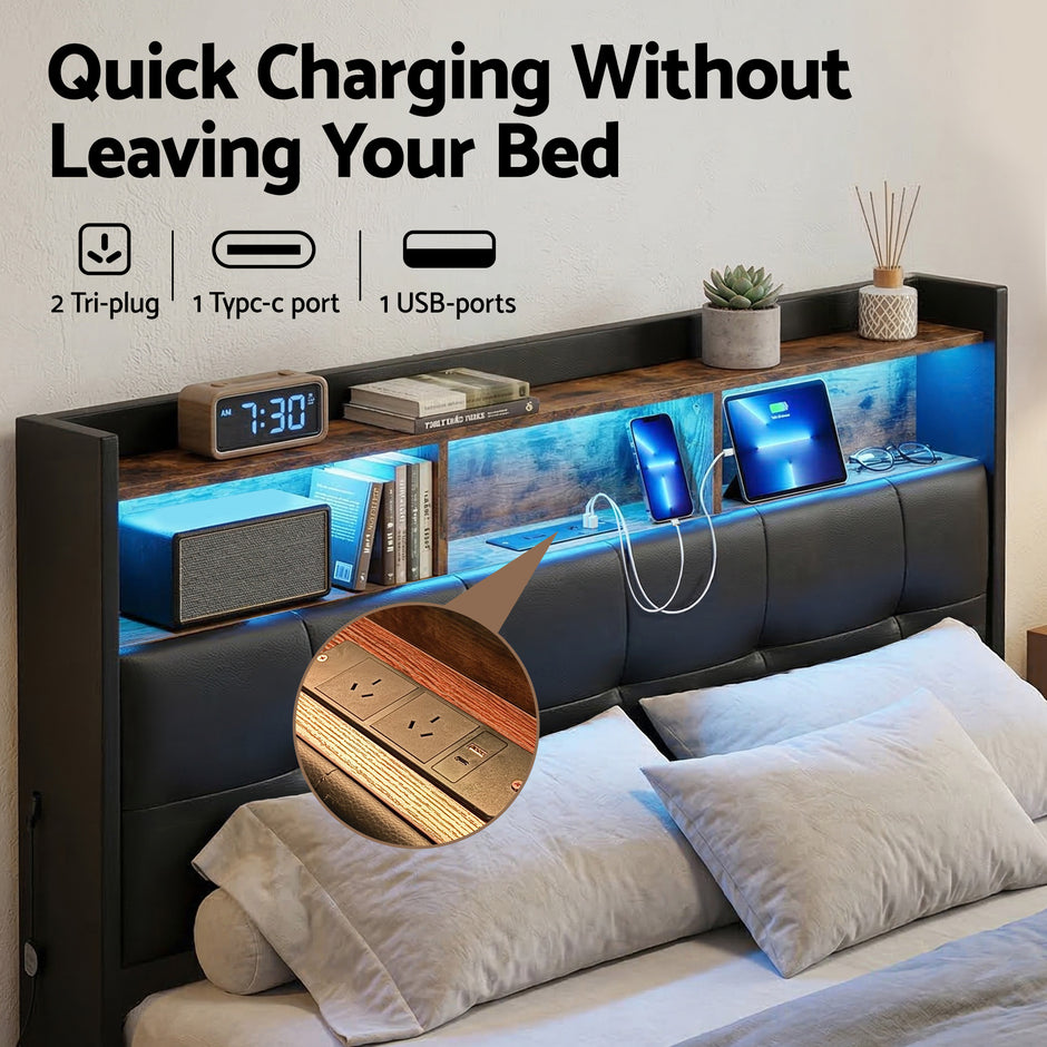 Artiss Double Bed Frame with Gas Lift Storage LED Lights Charging Station Headboard with Open Shelf