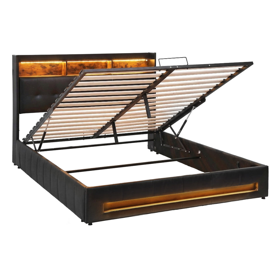 Artiss Double Bed Frame with Gas Lift Storage LED Lights Charging Station Headboard with Open Shelf