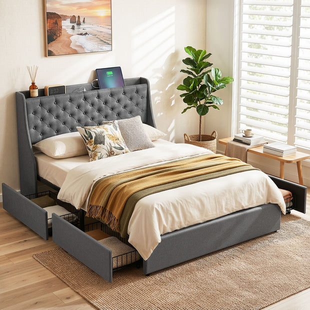 Artiss Double Bed Frame with 4 Storage Drawers and Charging Station Tufted Wingback Headboard 300kg Loads Charcoal Grey
