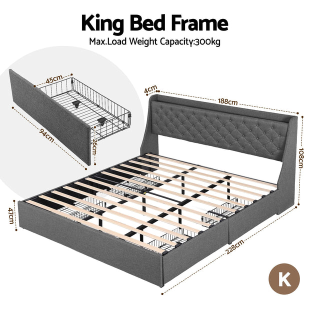 Artiss King Bed Frame with 4 Storage Drawers and Charging Station Tufted Wingback Headboard 300kg Loads Charcoal Grey