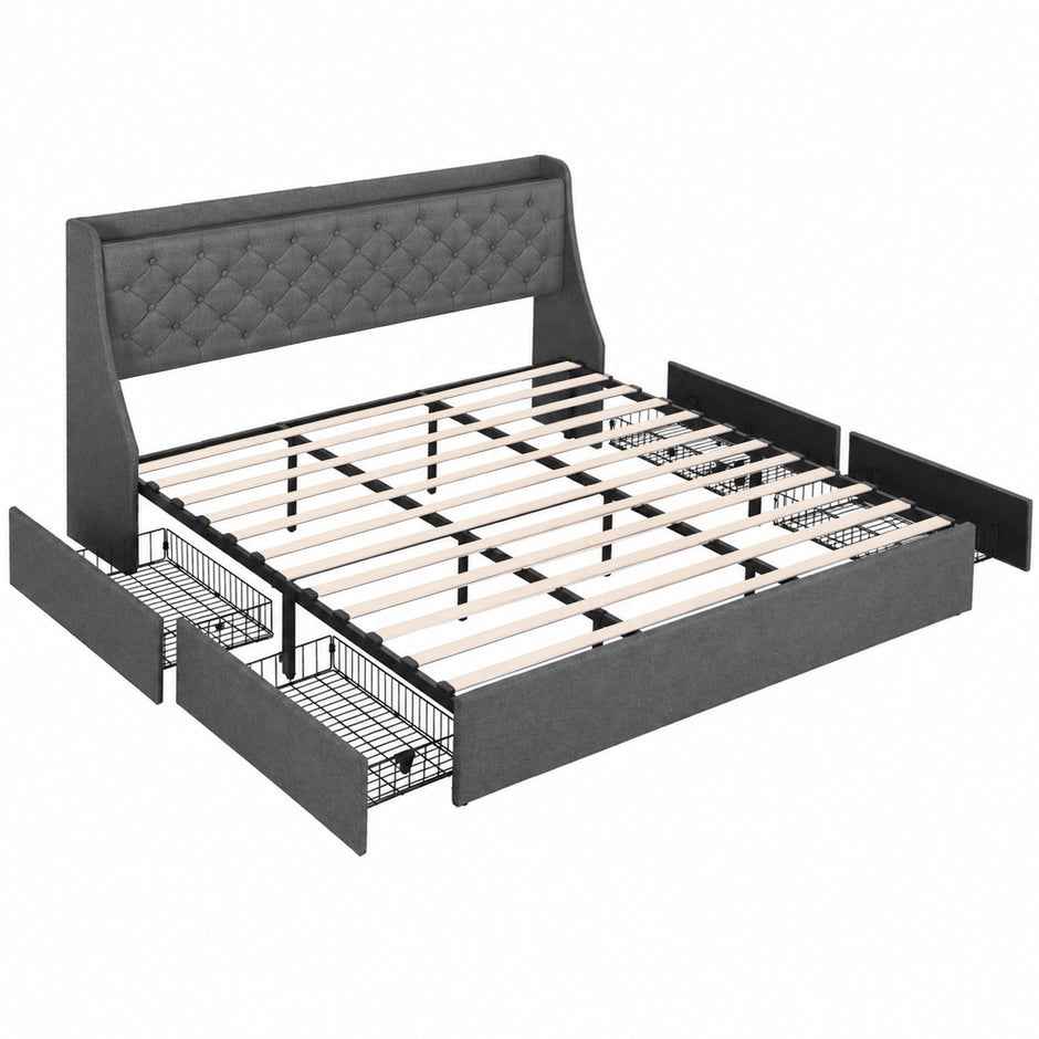 Artiss King Bed Frame with 4 Storage Drawers and Charging Station Tufted Wingback Headboard 300kg Loads Charcoal Grey