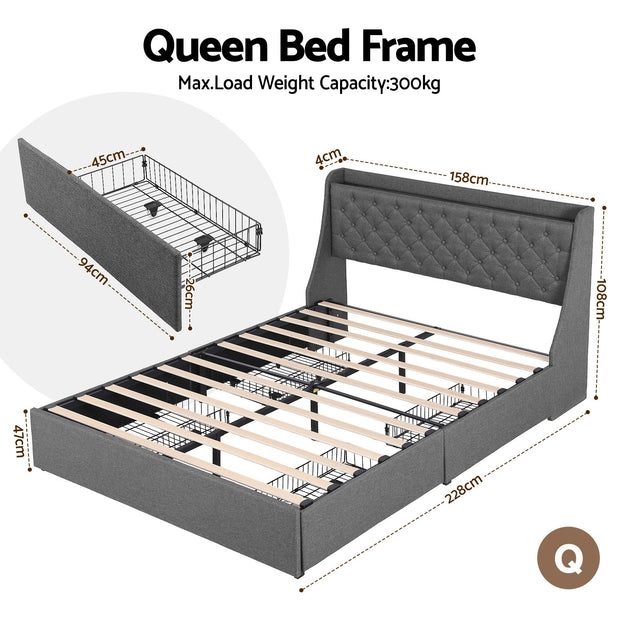Artiss Queen Bed Frame with 4 Storage Drawers and Charging Station Tufted Wingback Headboard 300kg Loads Charcoal Grey