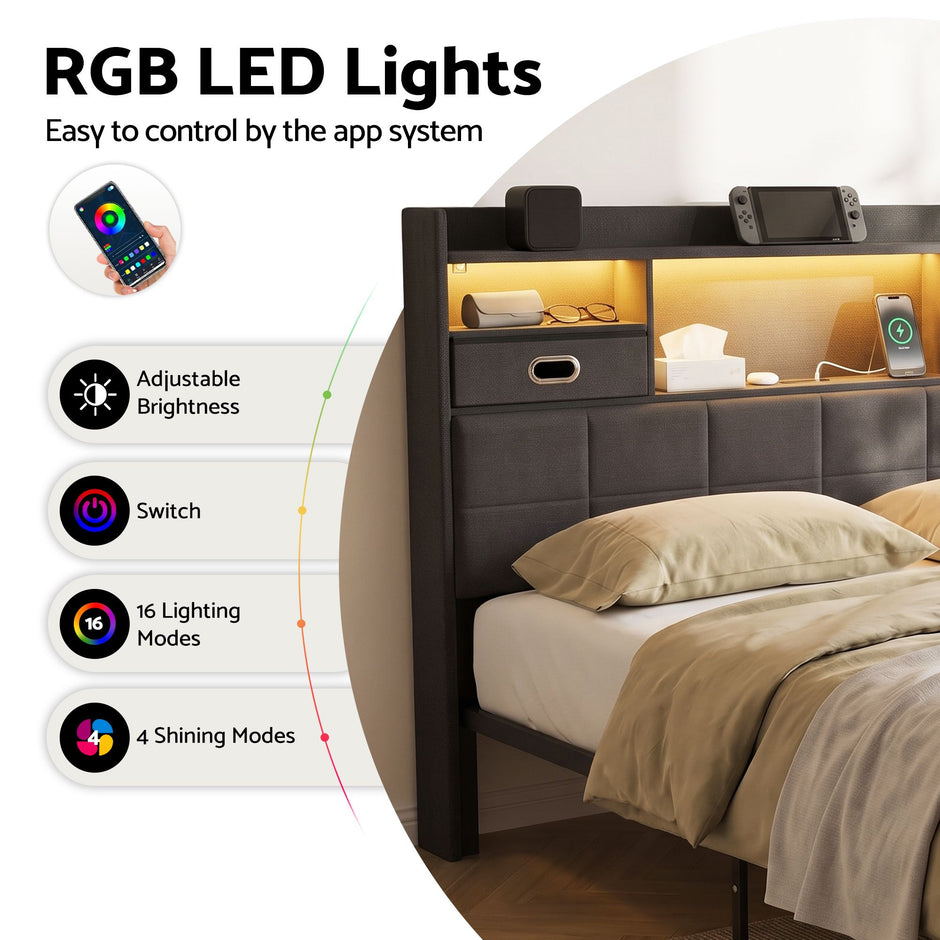 Artiss Queen Bed Frame with Storage Drawers & Headboard, 2 Drawer, USB, LED