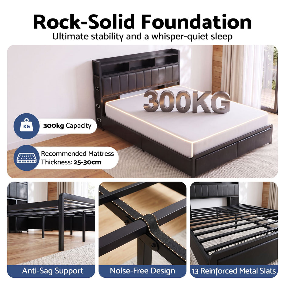 Artiss Double Bed Frame with Storage Headboard, 2 Drawers, Charging Station LED Light