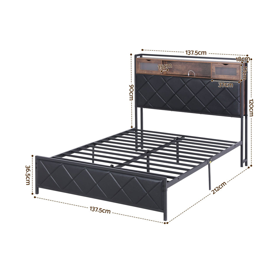 Artiss Double Bed Frame with LED Lights Storage Headboard 2 USB 2 AC Outlets Charging Station
