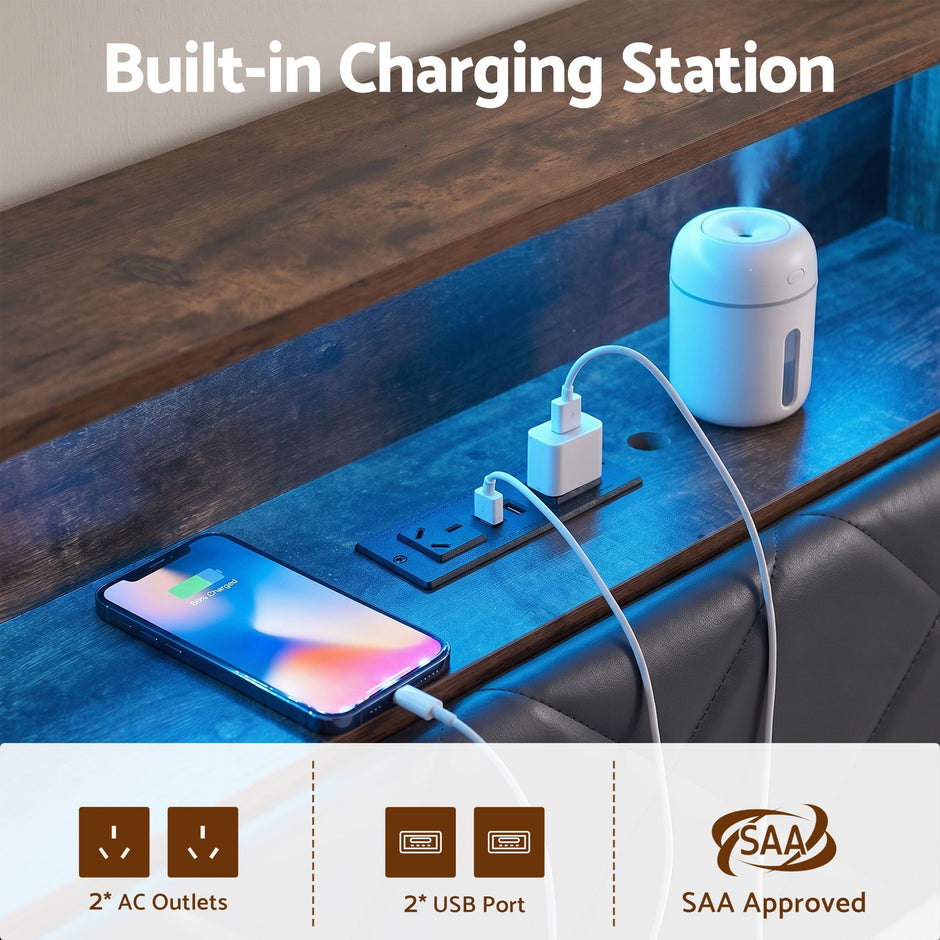 Artiss Double Bed Frame with LED Lights Storage Headboard 2 USB 2 AC Outlets Charging Station
