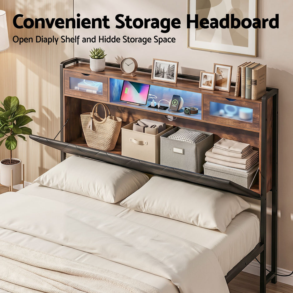 Artiss Double Bed Frame with LED Lights Storage Headboard 2 USB 2 AC Outlets Charging Station