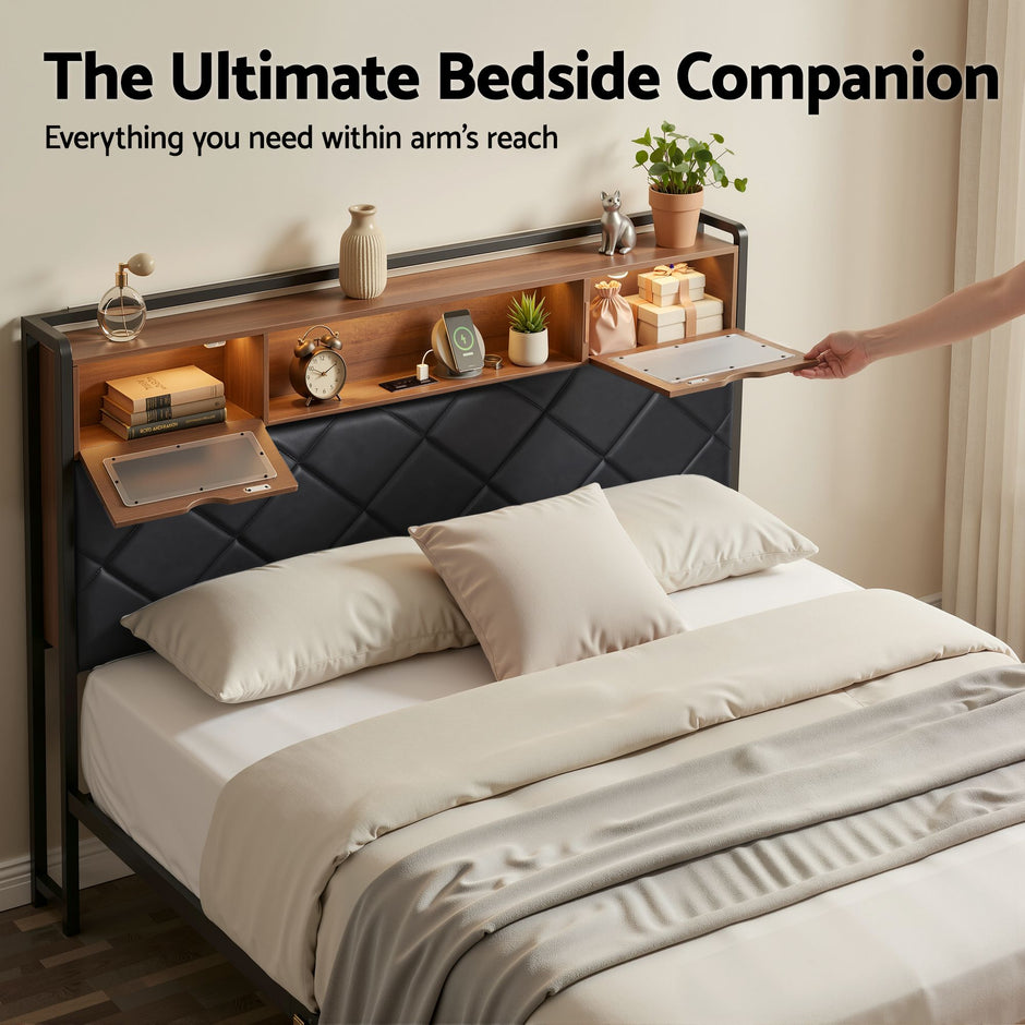 Artiss Double Bed Frame with LED Lights Storage Headboard 2 USB 2 AC Outlets Charging Station