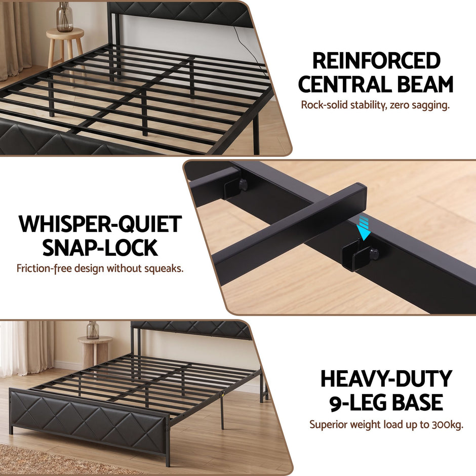 Artiss Double Bed Frame with LED Lights Storage Headboard 2 USB 2 AC Outlets Charging Station