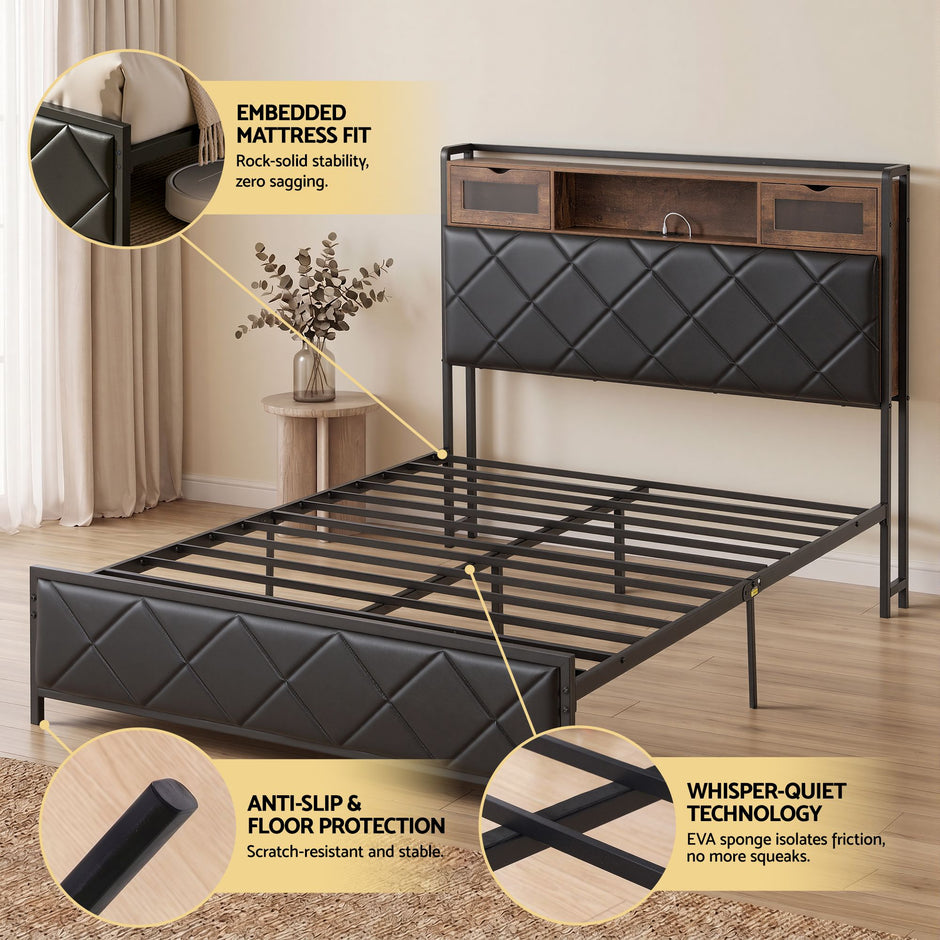 Artiss Double Bed Frame with LED Lights Storage Headboard 2 USB 2 AC Outlets Charging Station