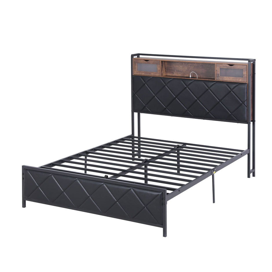 Artiss Double Bed Frame with LED Lights Storage Headboard 2 USB 2 AC Outlets Charging Station