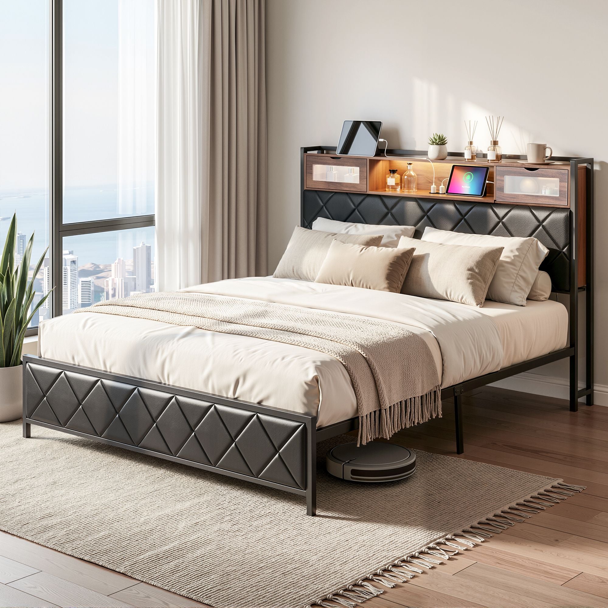 Artiss King Bed Frame with LED Lights and Storage Headboard Charging Station