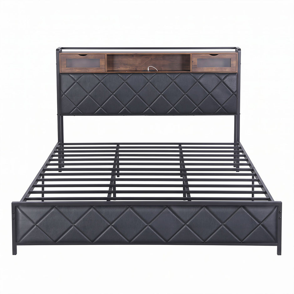 Artiss King Bed Frame with LED Lights and Storage Headboard Charging Station