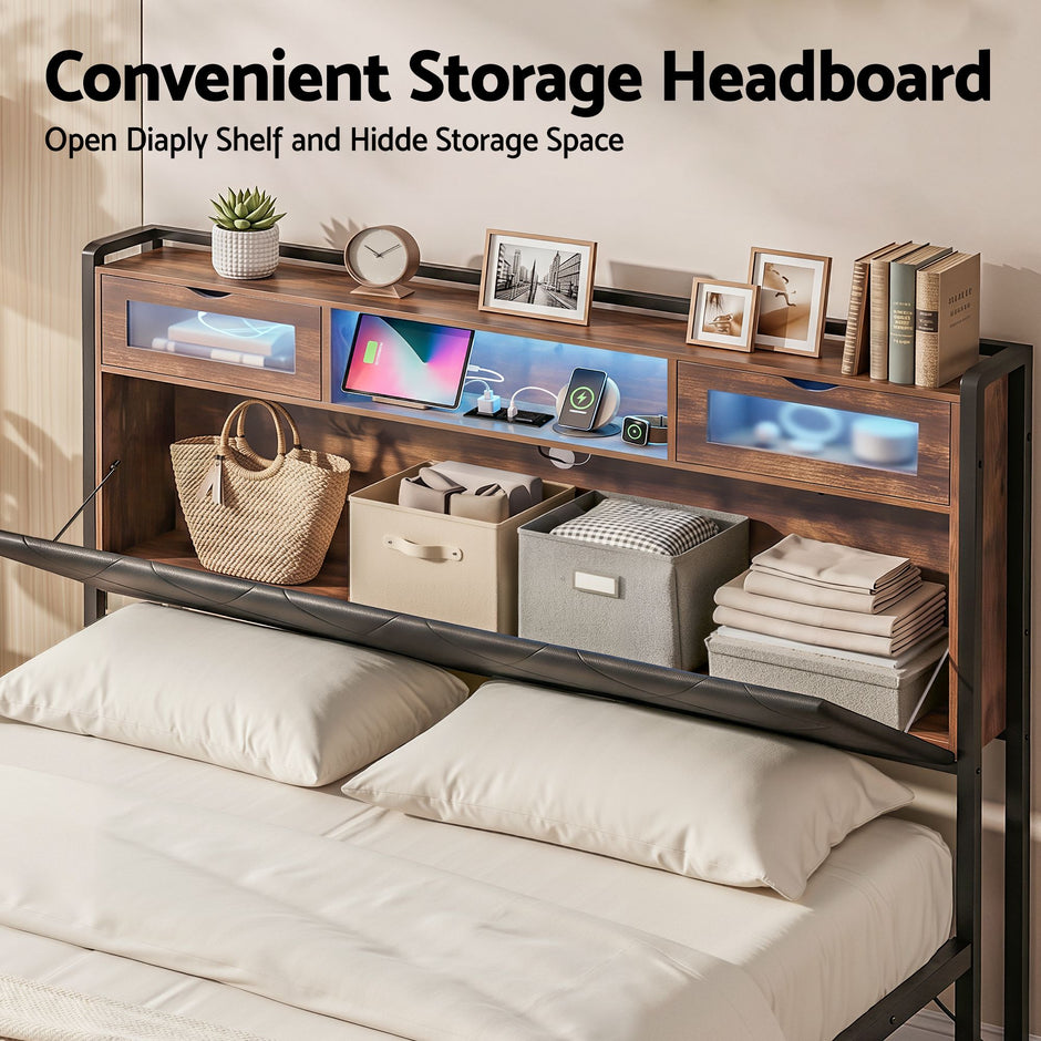 Artiss King Bed Frame with LED Lights and Storage Headboard Charging Station