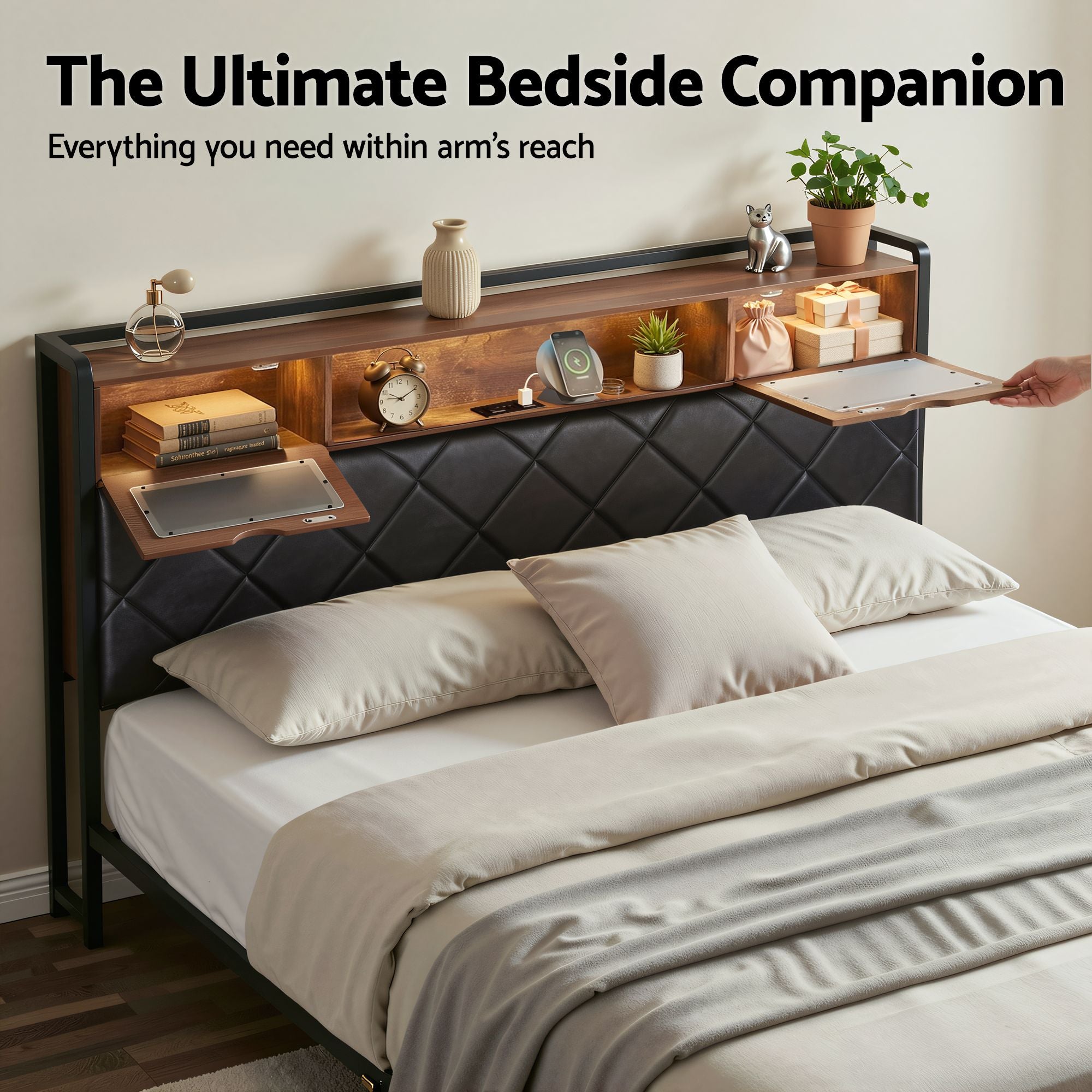 Artiss King Bed Frame with LED Lights and Storage Headboard Charging Station