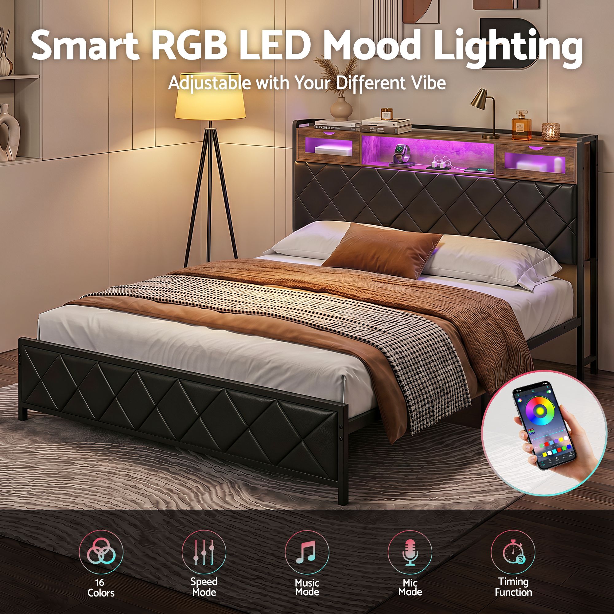 Artiss King Bed Frame with LED Lights and Storage Headboard Charging Station