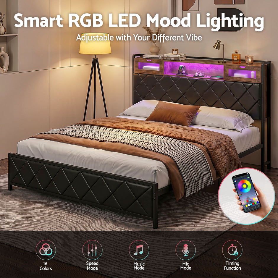 Artiss King Bed Frame with LED Lights and Storage Headboard Charging Station