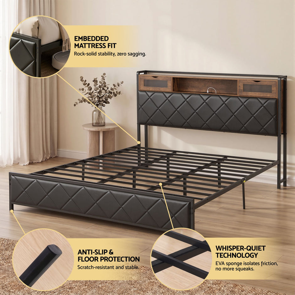 Artiss King Bed Frame with LED Lights and Storage Headboard Charging Station