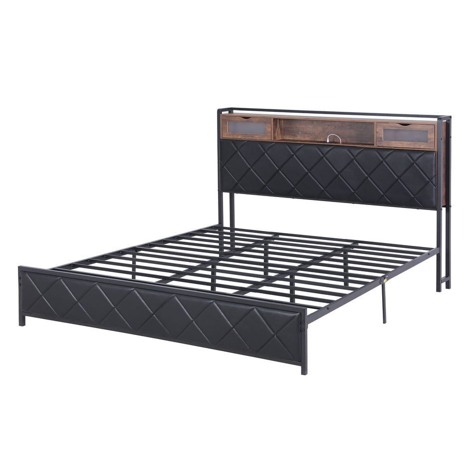 Artiss King Bed Frame with LED Lights and Storage Headboard Charging Station