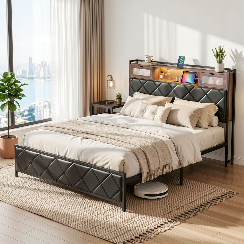 Artiss Queen Bed Frame with LED Lights and Storage Headboard Charging Station