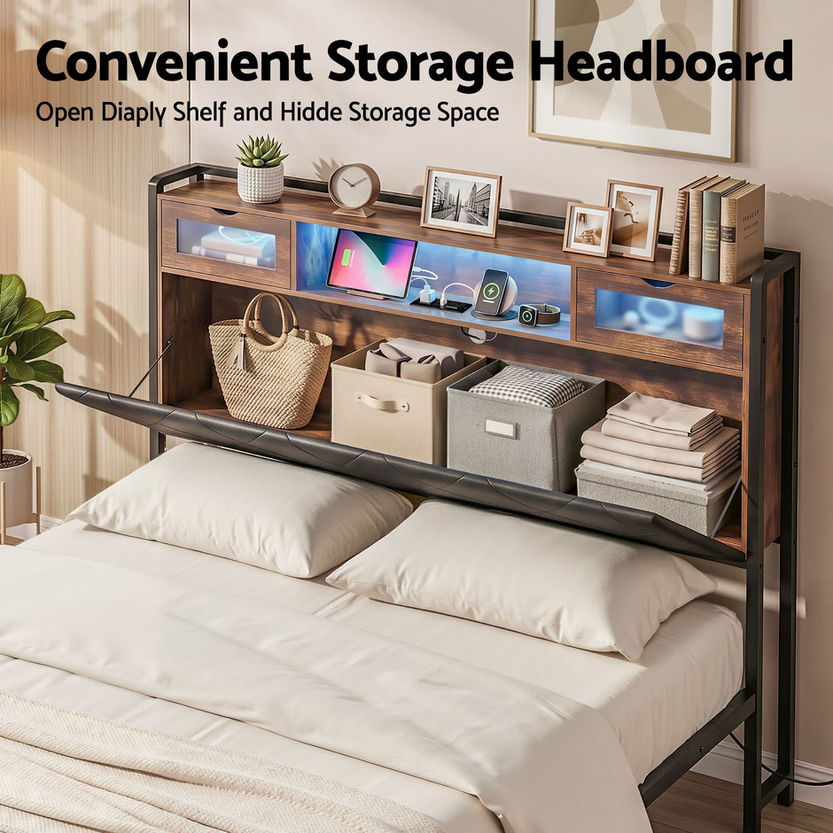 Artiss Queen Bed Frame with LED Lights and Storage Headboard Charging Station