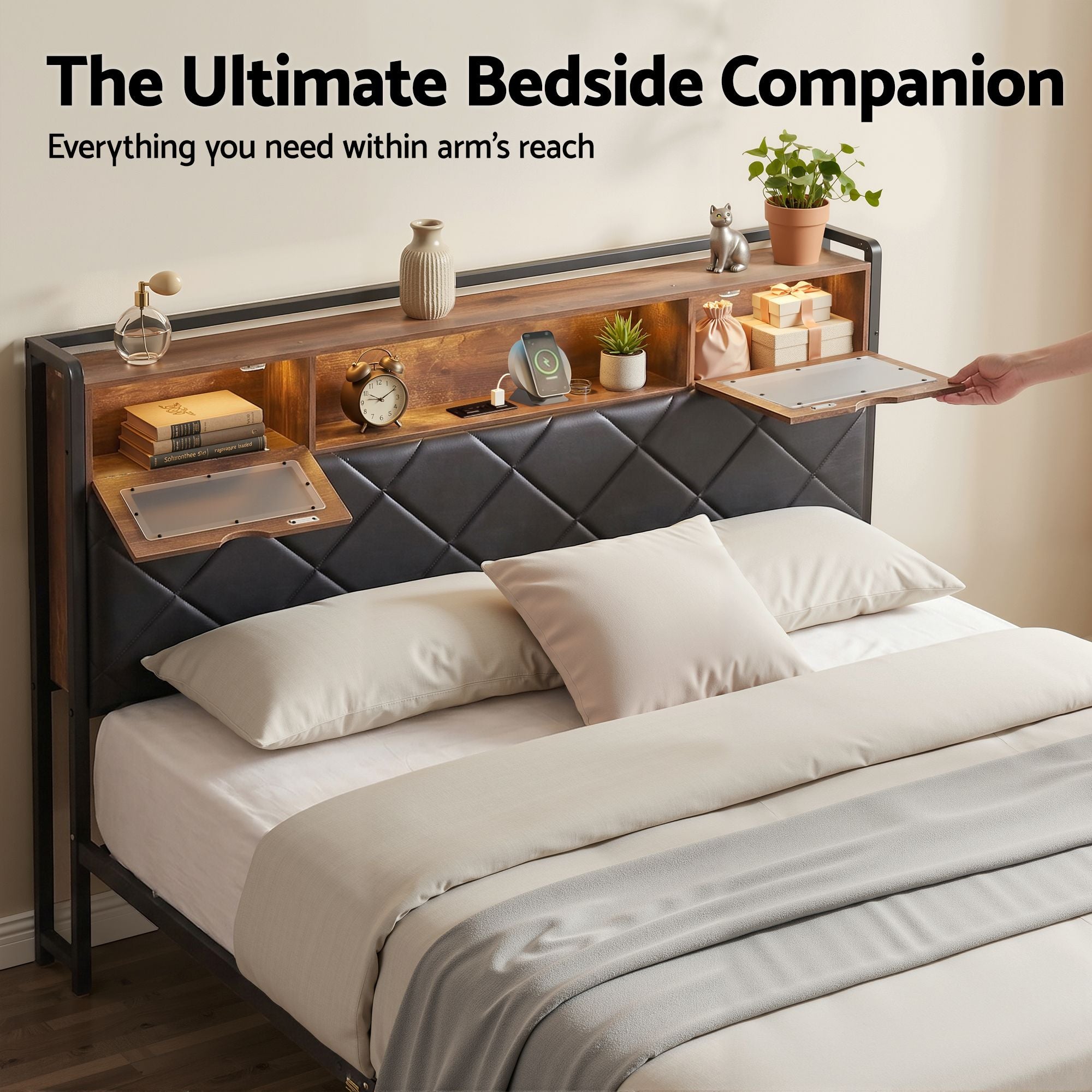 Artiss Queen Bed Frame with LED Lights and Storage Headboard Charging Station