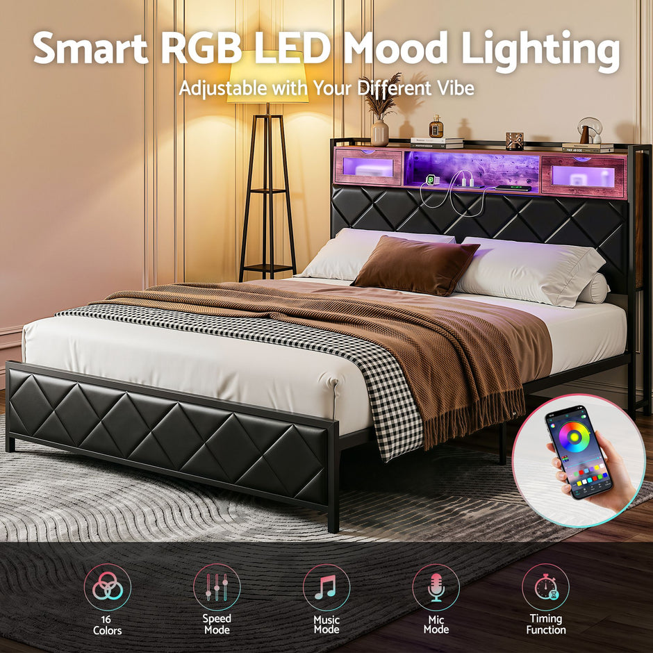 Artiss Queen Bed Frame with LED Lights and Storage Headboard Charging Station
