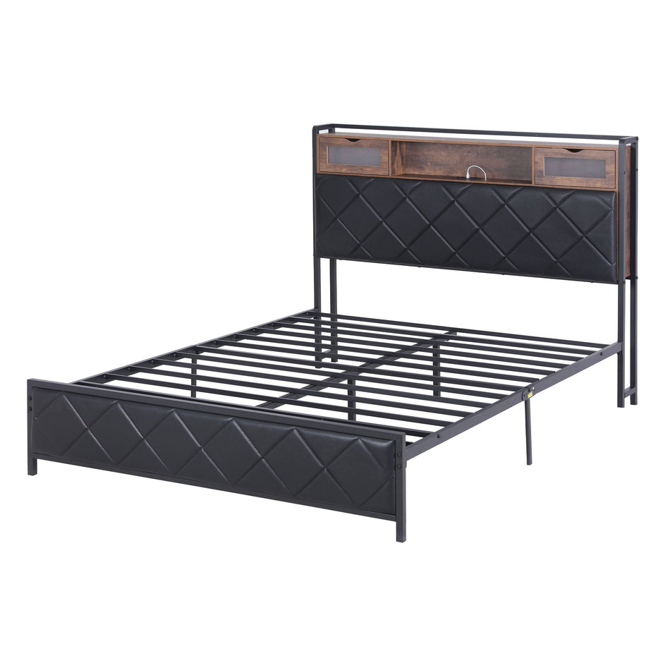 Artiss Queen Bed Frame with LED Lights and Storage Headboard Charging Station