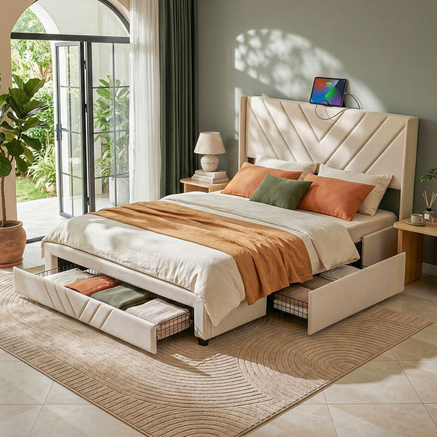 Artiss Double Bed Frame with Charging Station and Storage Drawers Beige 300KG Noise Free