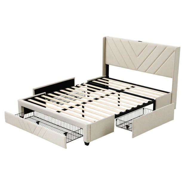 Artiss Queen Bed Frame with Charging Station and Storage Drawers Beige 300KG Noise Free