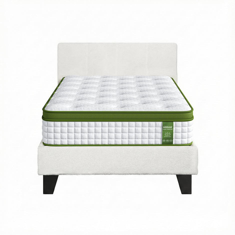 Artiss Single Bed Frame with Hybrid Mattress Set 30cm Medium Firm Platform Headboard Boucle Upholstered Pocket Coil for Pressure Relief