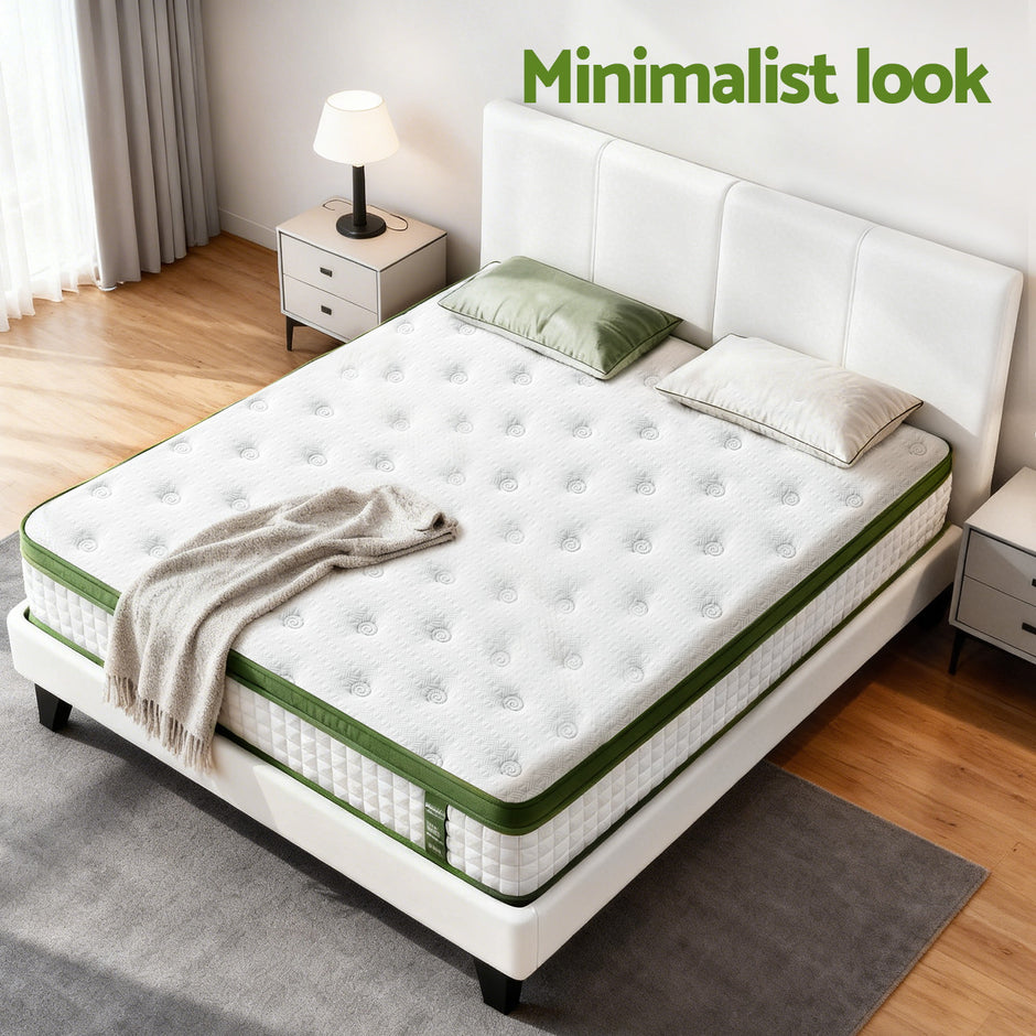 Artiss Double Bed Frame Platform White PVC Leather Hybrid Mattress Modern