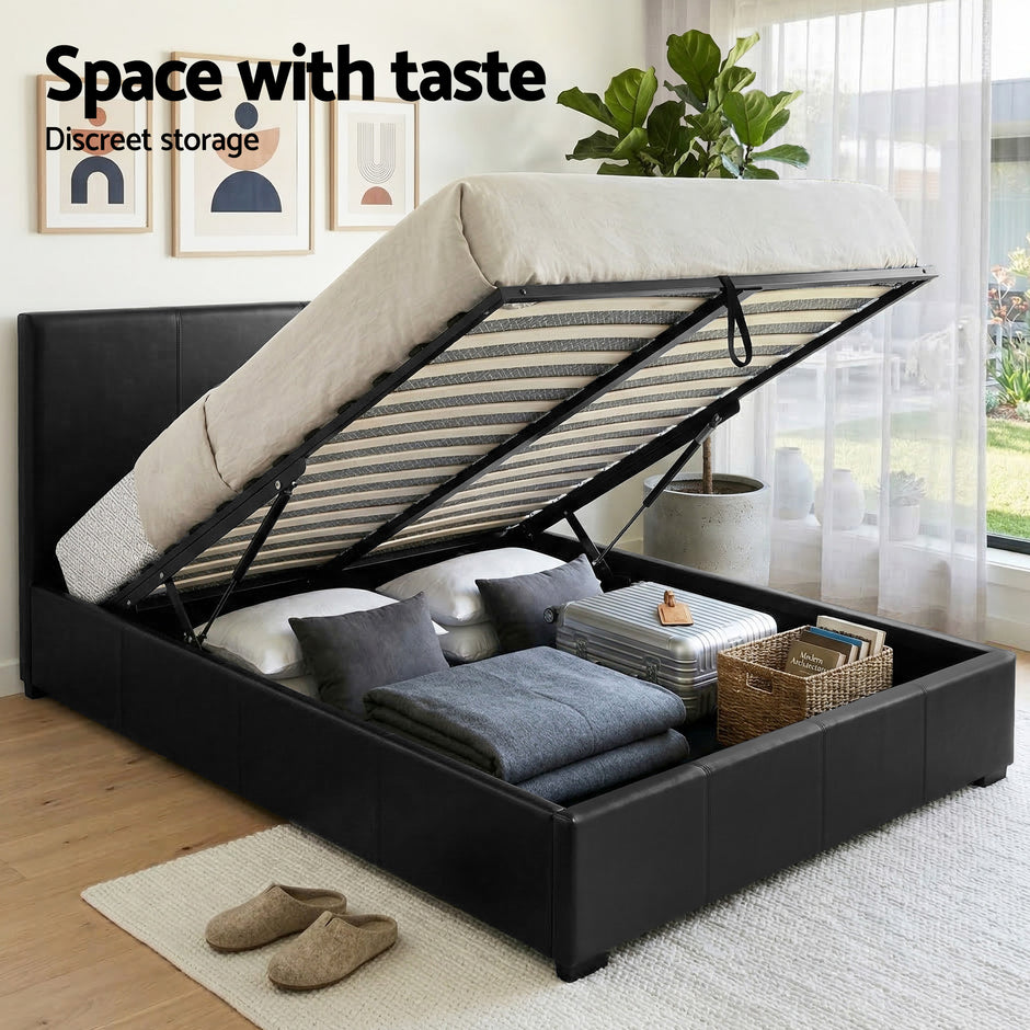 Artiss Gas Lift Queen Bed Frame and Bedside Table Set Leather Black
