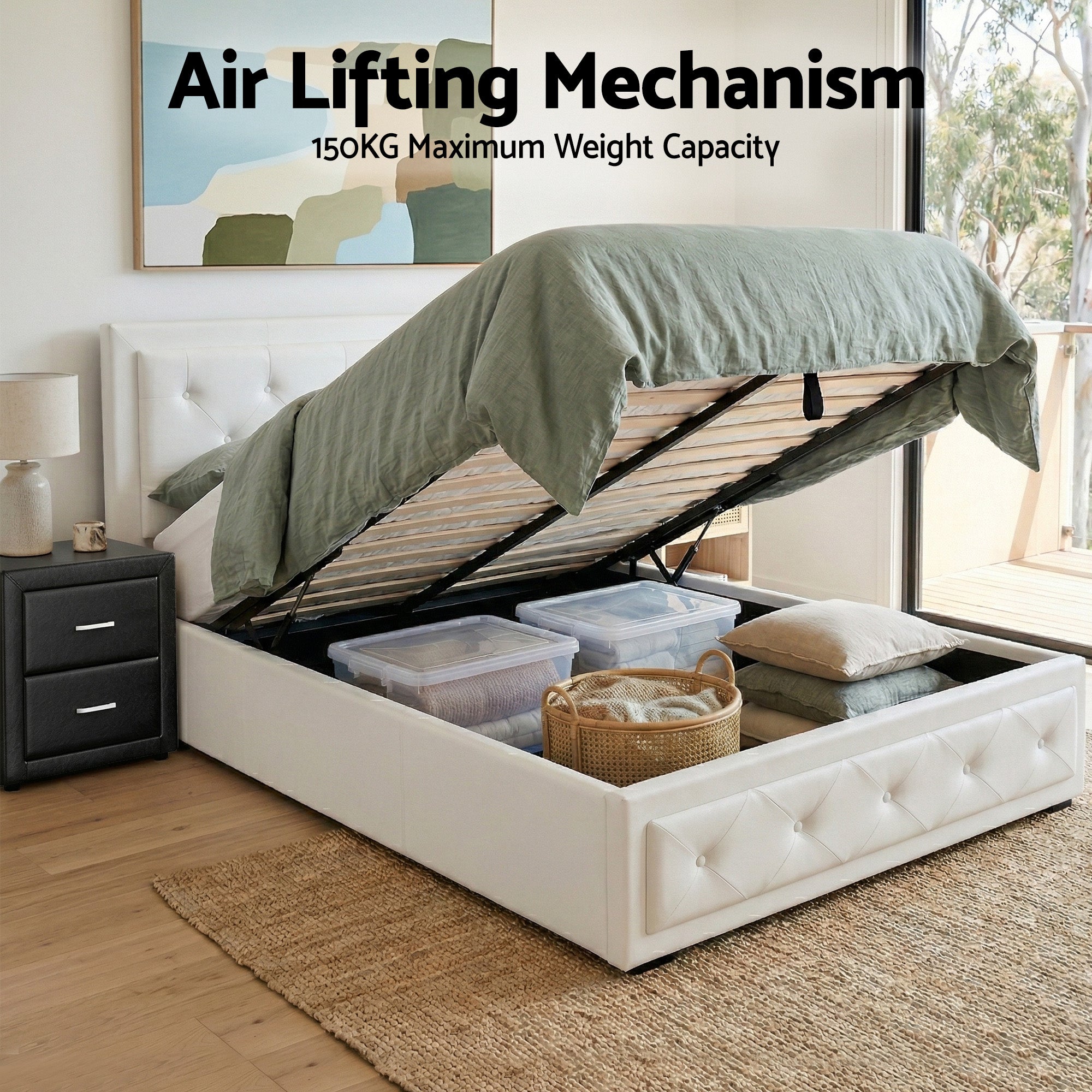 Artiss King Single Bed Frame Storage White Leather Gas Lift Bed Black Bedside Table Set