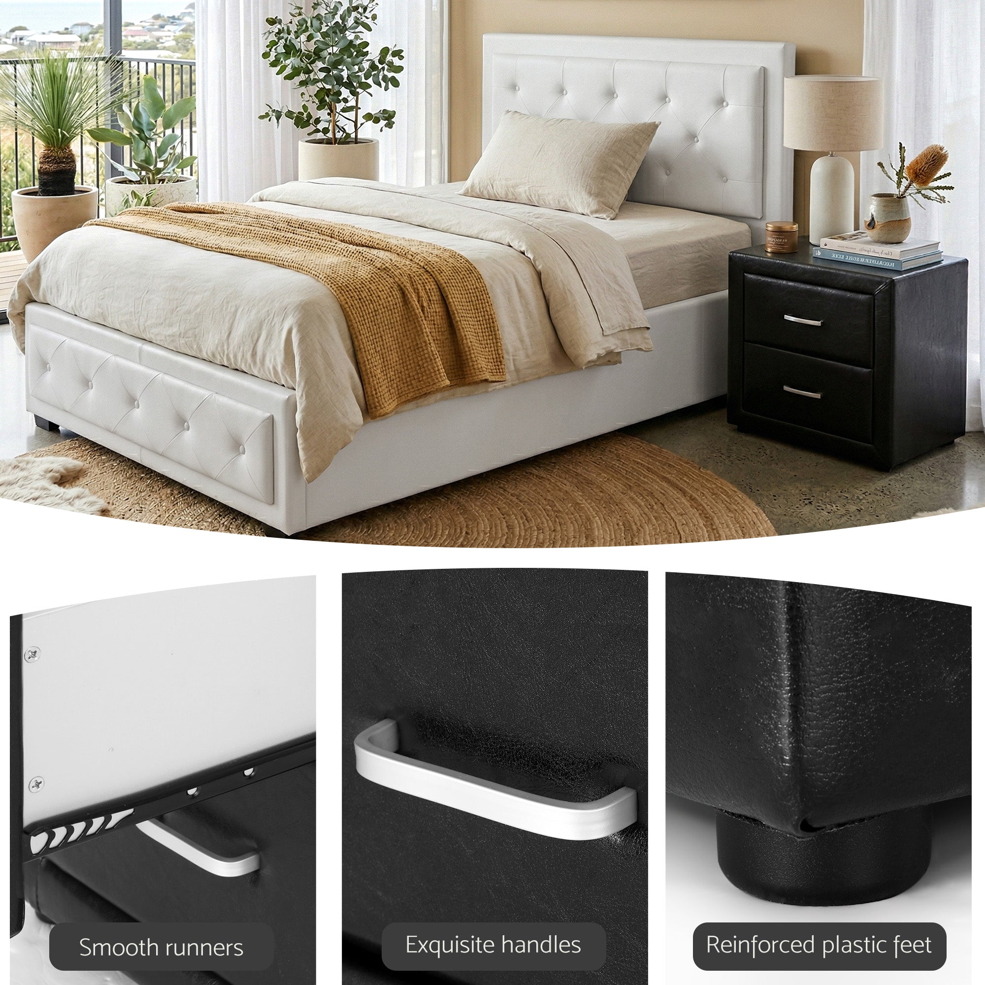 Artiss King Single Bed Frame Storage White Leather Gas Lift Bed Black Bedside Table Set