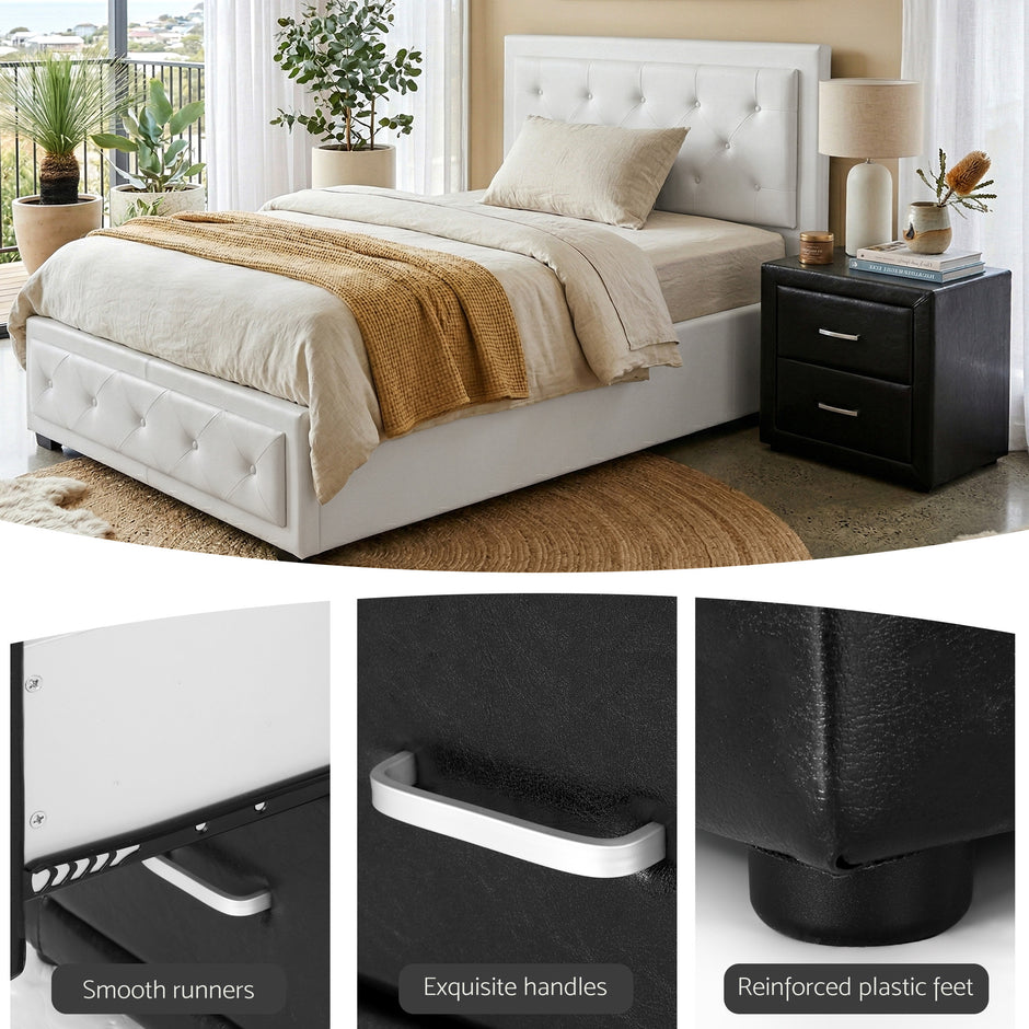 Artiss King Single Bed Frame Storage White Leather Gas Lift Bed Black Bedside Table Set