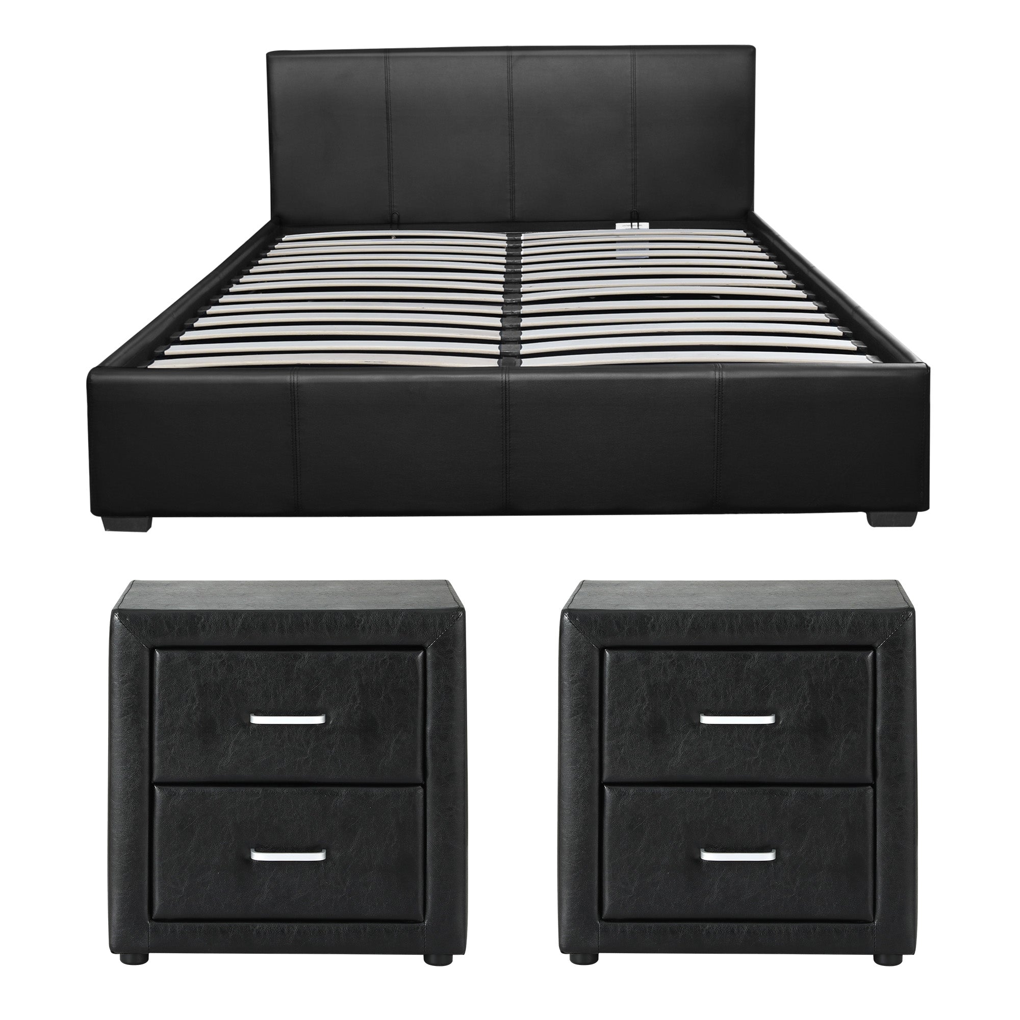 Artiss Gas Lift Queen Bed Frame and 2 Bedside Table Set Leather Black