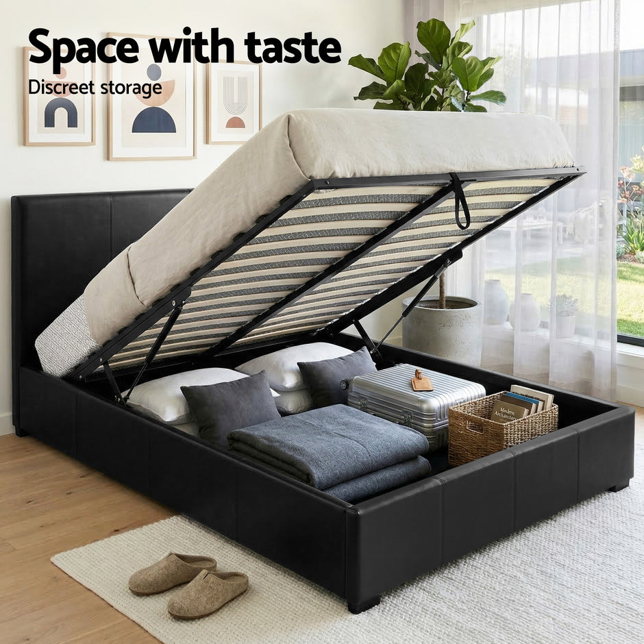 Artiss Gas Lift Queen Bed Frame and 2 Bedside Table Set Leather Black