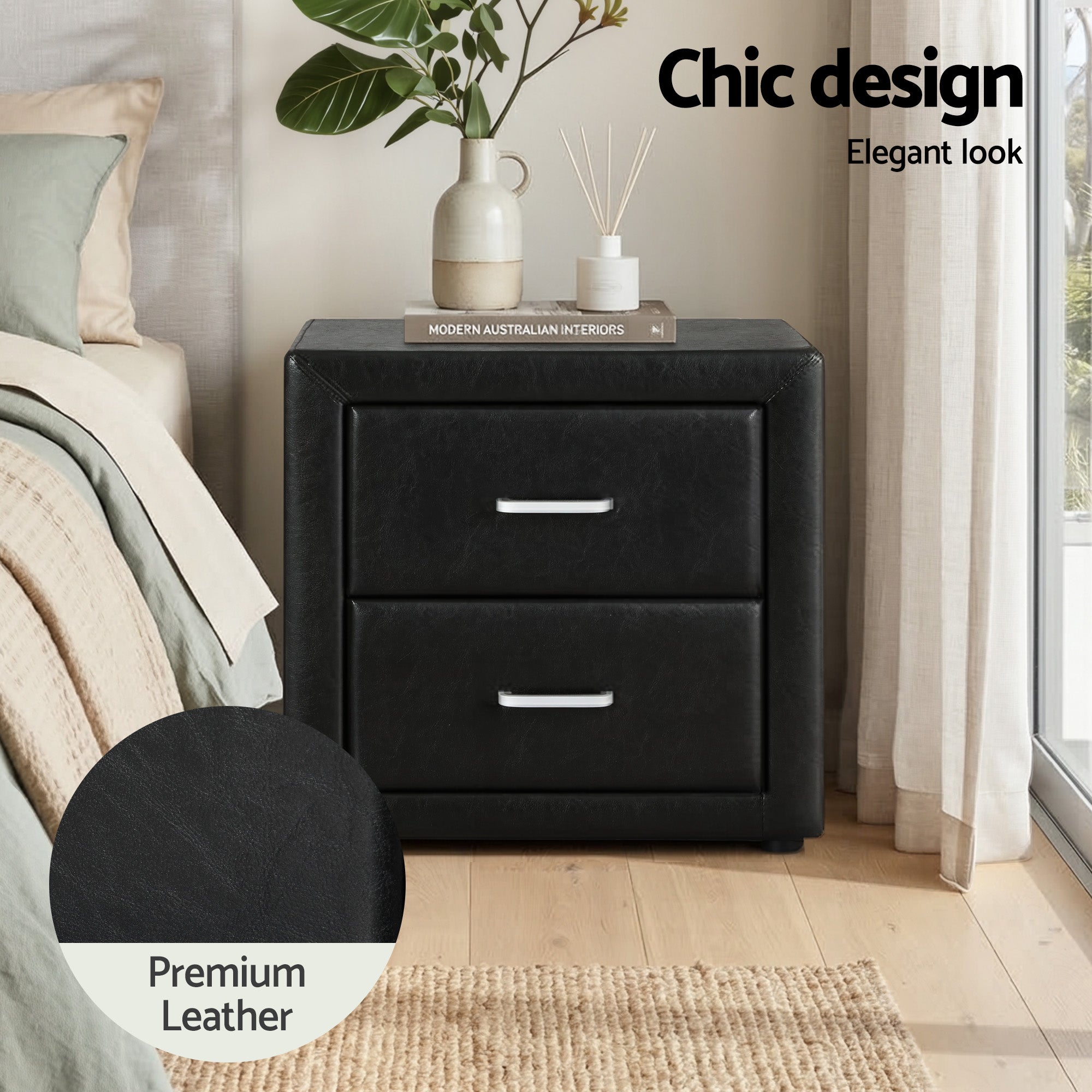 Artiss Gas Lift Queen Bed Frame and 2 Bedside Table Set Leather Black