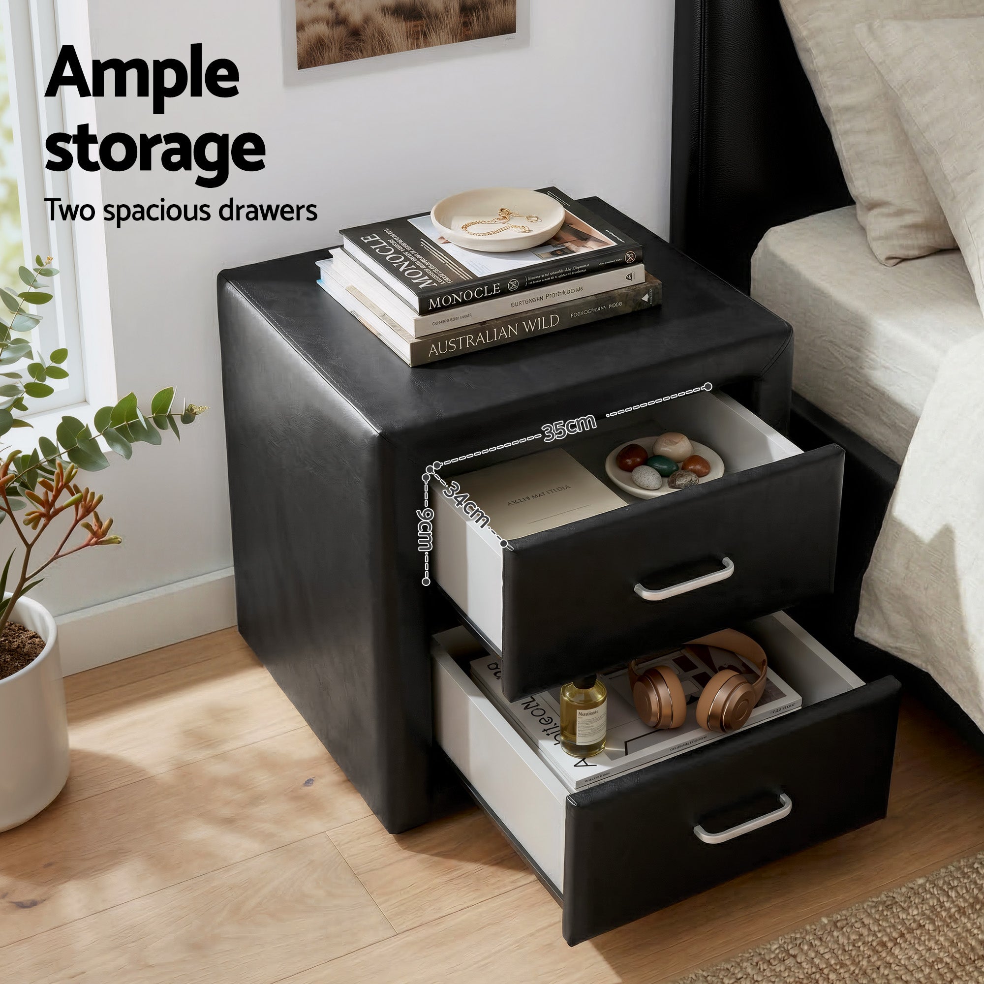 Artiss Gas Lift Queen Bed Frame and 2 Bedside Table Set Leather Black
