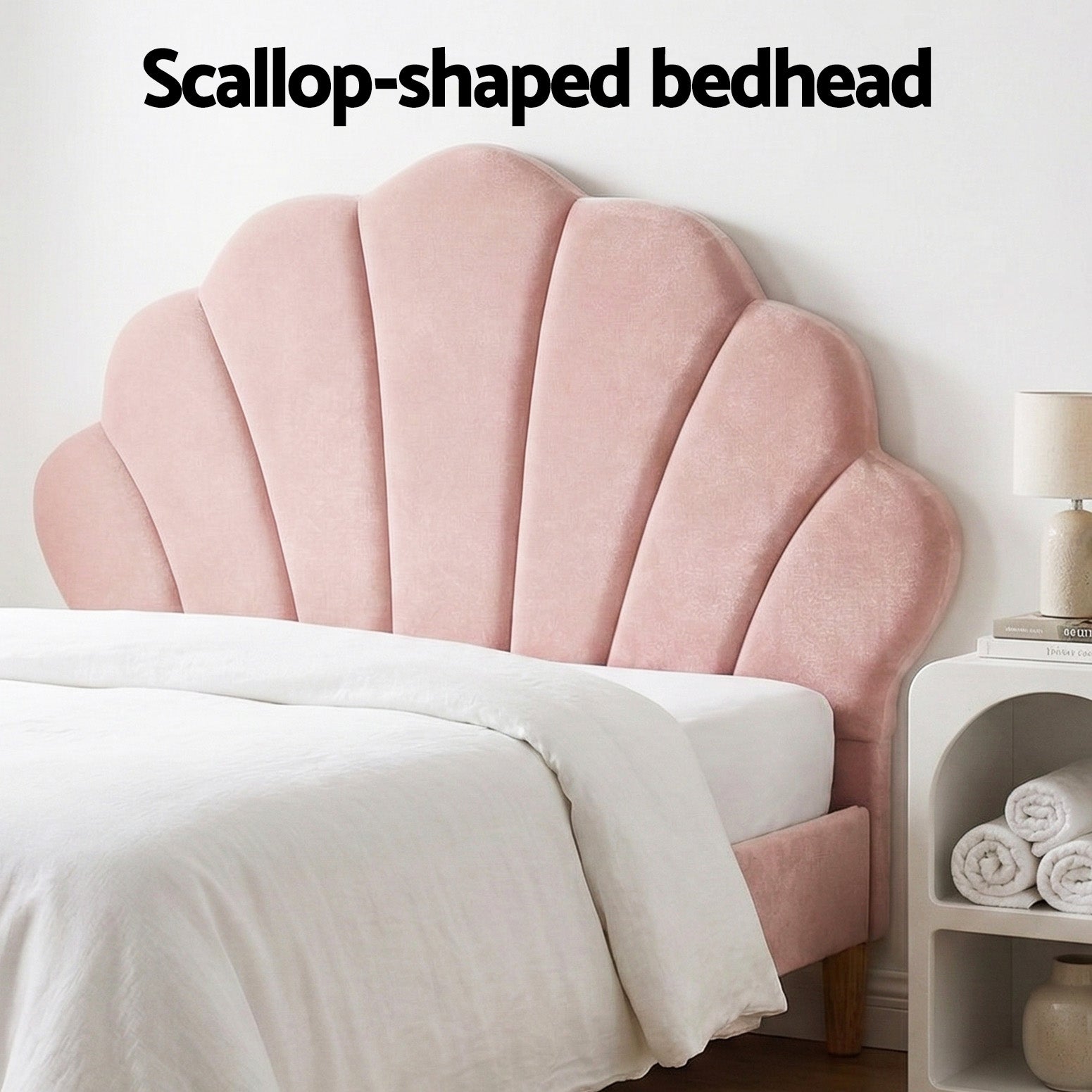 Artiss Bed Frame King Single with Bedside Table Set Scallop Headboard Pink Velvet Fabric Beds Base