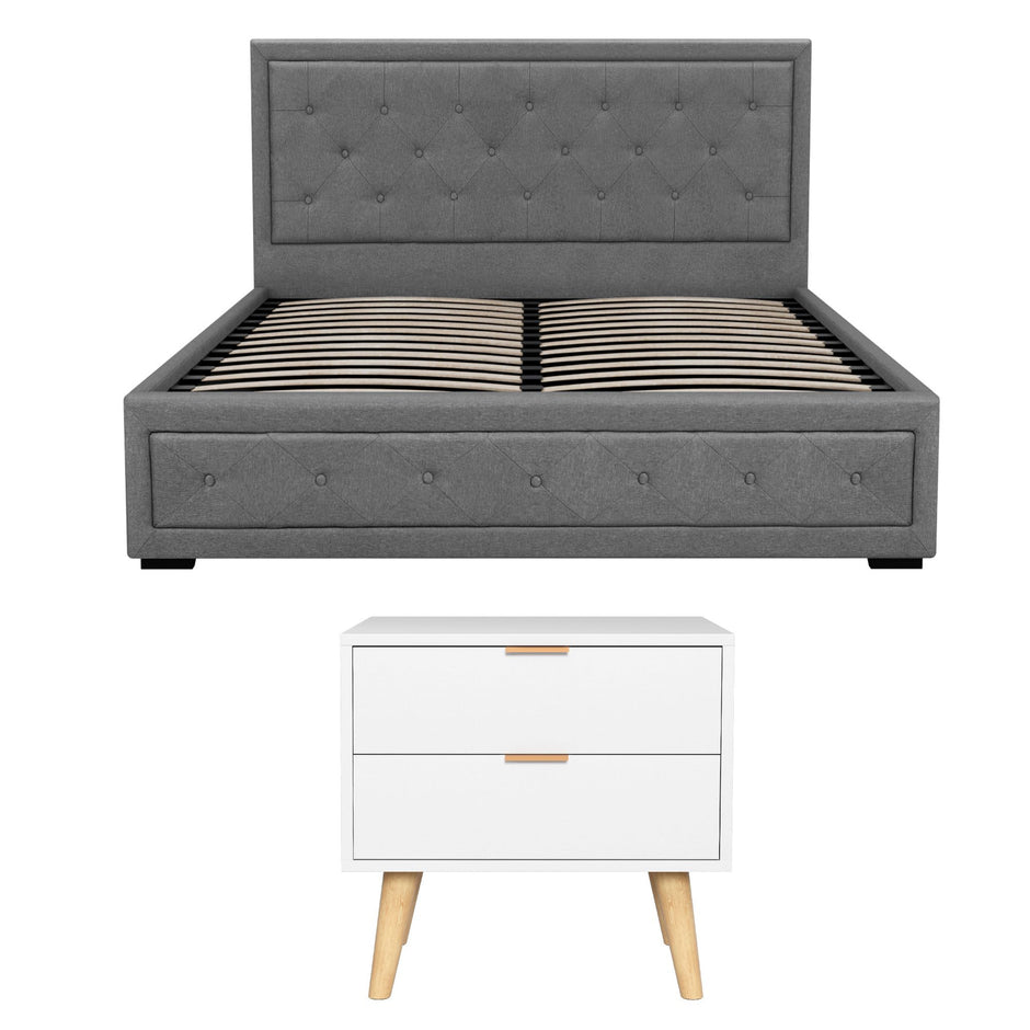 Artiss Upholstered Queen Gas Lift Storage Bed Frame with 2-Drawer Bedside Table Set