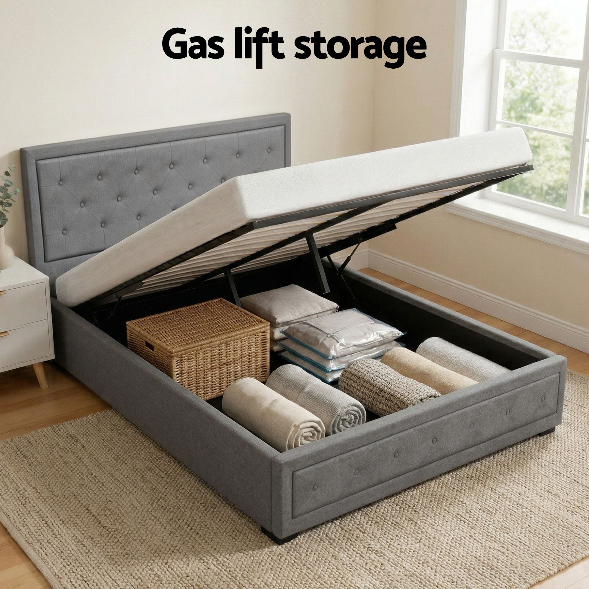 Artiss Upholstered Queen Gas Lift Storage Bed Frame with 2-Drawer Bedside Table Set